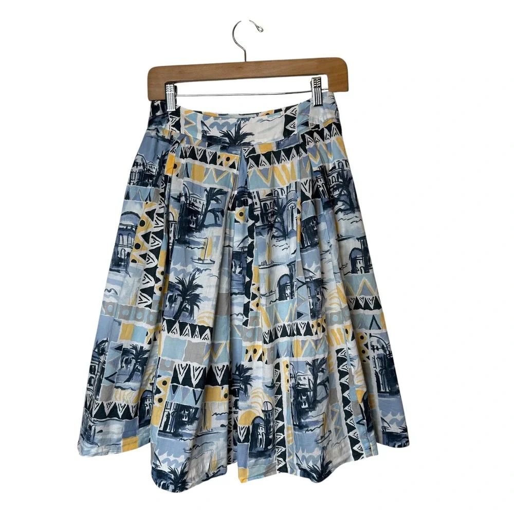 Feneuve Design Cotton Travel Motif Print Midi A-Line Button Skirt sz 40 / US 2